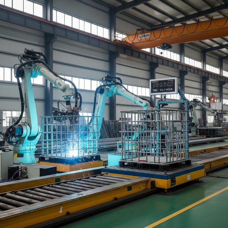 IBC Tote Cage Fabrication IBC cage welding production line featuring vibration testing time 0 to 1 hour processo di saldatura